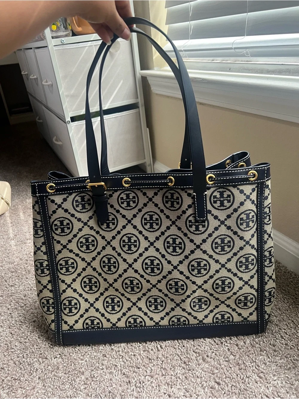 Tory Burch Black and Natural Logo Jacquard Drawstring Tote